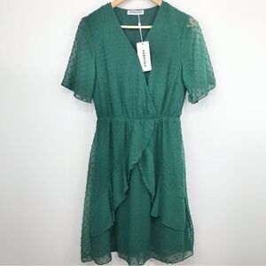 Ecowish Green Green Swiss Dot Plumeti Short Sleeve Ruffle Dress  NEW